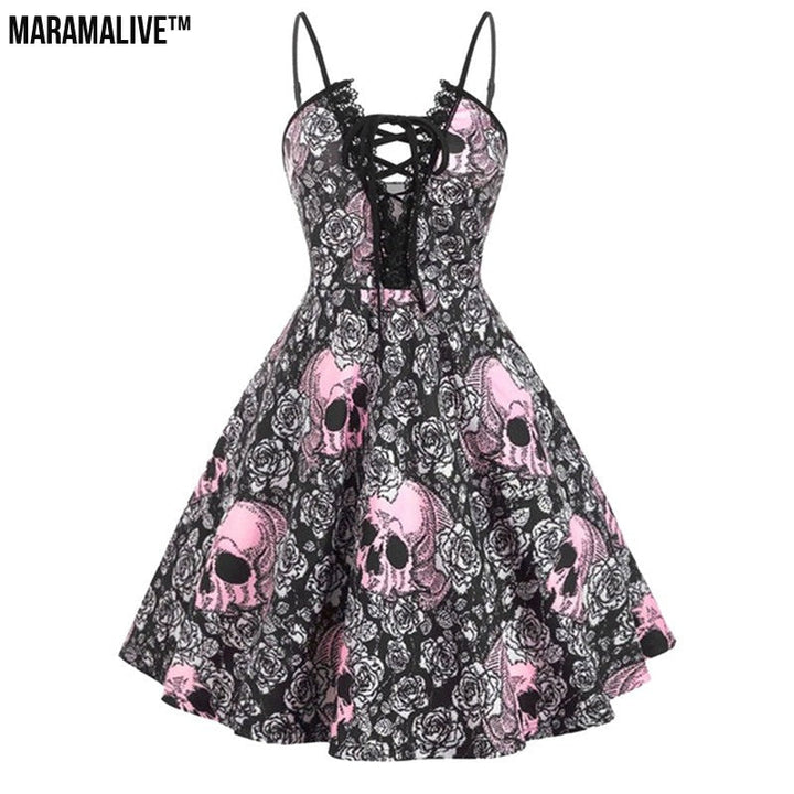 Maramalive™ Women's Halloween Skull Print Sling Straps Waist And Large Retro Dress