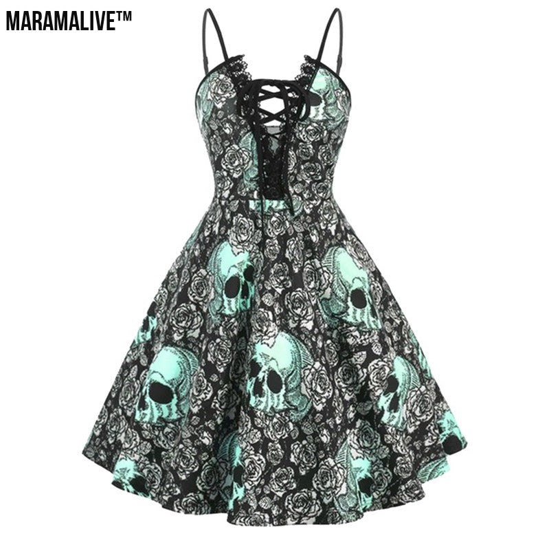 Maramalive™ Women's Halloween Skull Print Sling Straps Waist And Large Retro Dress