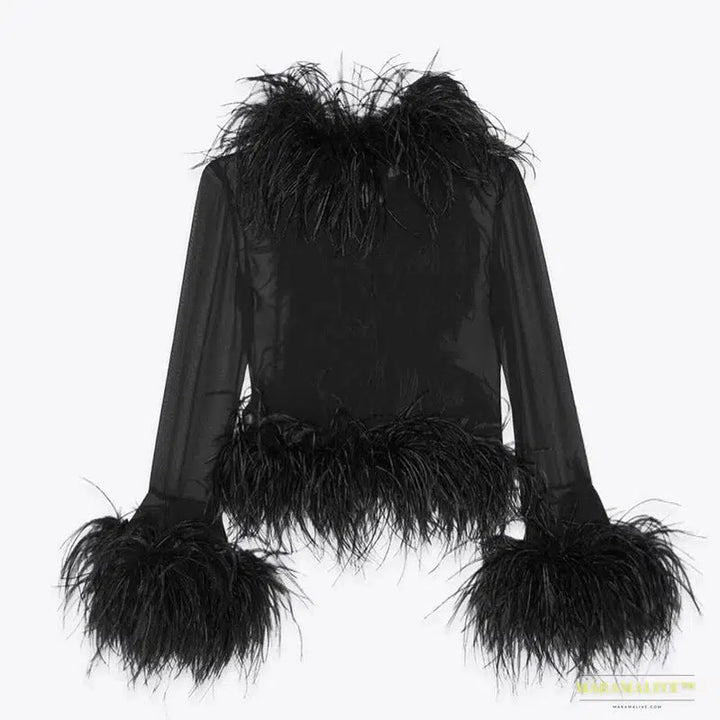 Maramalive™ Women's Long Sleeve Crop Shirt with Feather Cuffs, V-Neck Cardigan, Fringed Tassel, Stitching, Luxury, Ladies, Mesh, Summer