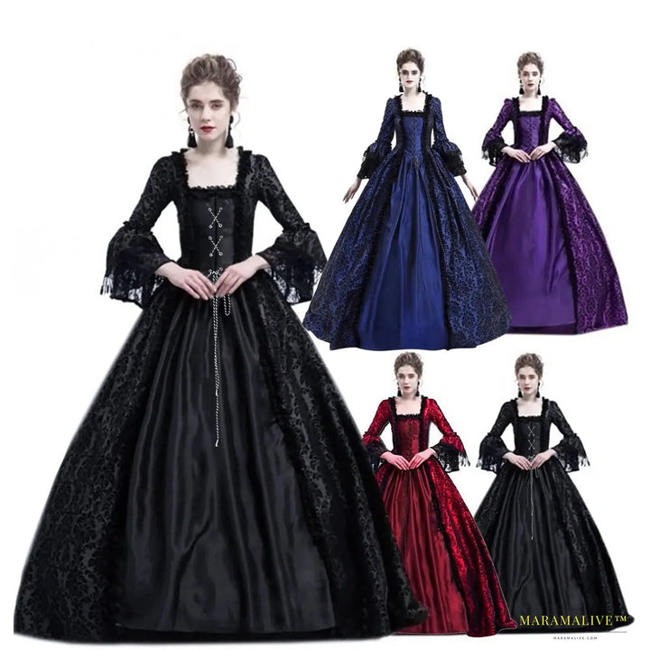 Maramalive™ Women's Retro Ball Gown Long Sleeve Dress - Medieval Victorian Court Lace Stitching Gothic Cosplay Party Costume