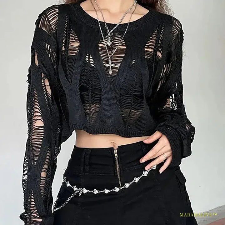 Maramalive™ Y2K Inspired Women's Hollow Out Batwing Sleeve Knitted Shirt - Gothic Streetwear Fashion Top