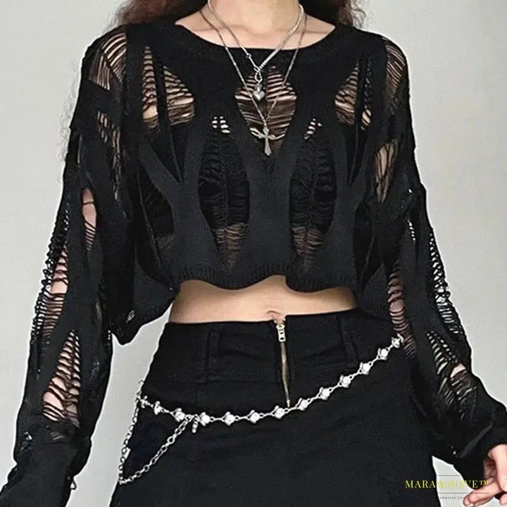 Maramalive™ Y2K Inspired Women's Hollow Out Batwing Sleeve Knitted Shirt - Gothic Streetwear Fashion Top