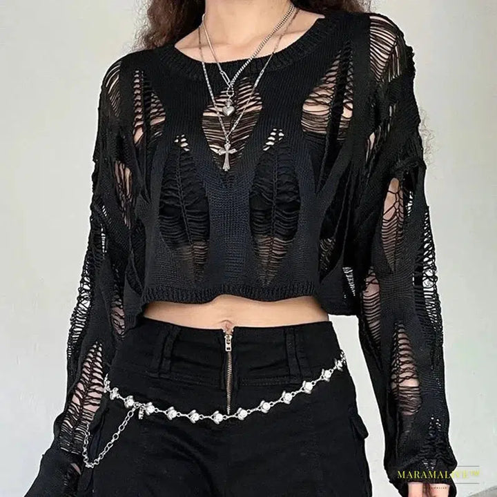 Maramalive™ Y2K Inspired Women's Hollow Out Batwing Sleeve Knitted Shirt - Gothic Streetwear Fashion Top