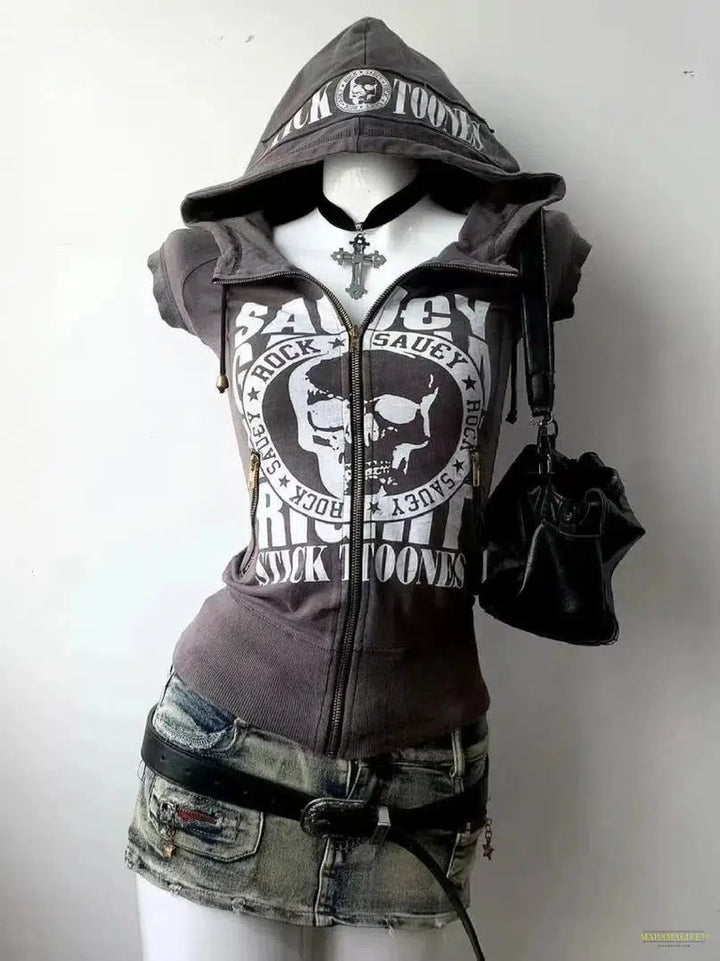 Maramalive™ Y2k Aesthetic Hoodie Skull Punk Graphic Grunge 2000s Clothes Hot Girl High Street Zipper Female Streetwear Goth Hooded