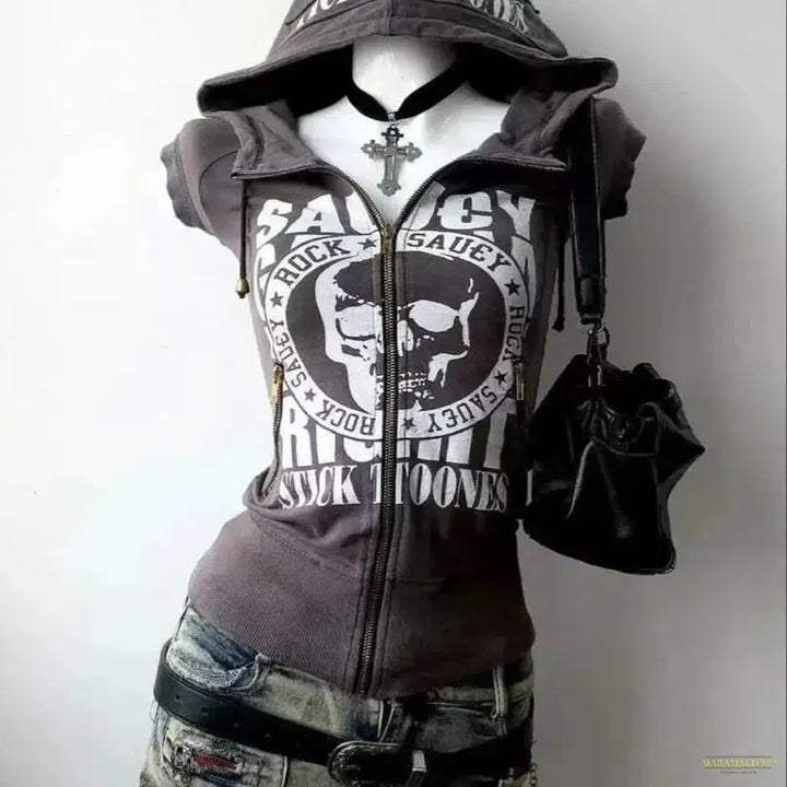 Maramalive™ Y2k Aesthetic Hoodie Skull Punk Graphic Grunge 2000s Clothes Hot Girl High Street Zipper Female Streetwear Goth Hooded