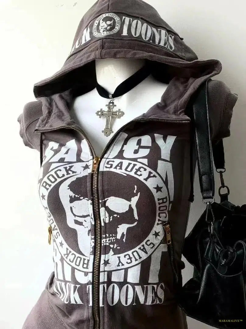 Maramalive™ Y2k Aesthetic Hoodie Skull Punk Graphic Grunge 2000s Clothes Hot Girl High Street Zipper Female Streetwear Goth Hooded