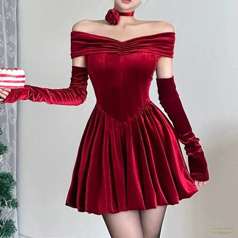 Maramalive™ Y2k Elegant Gothic Velvet Mini Dresses Women Ruched Off Shoulder A-line Partywear Bodycon Dress Formal Corset Outfits Vestidos