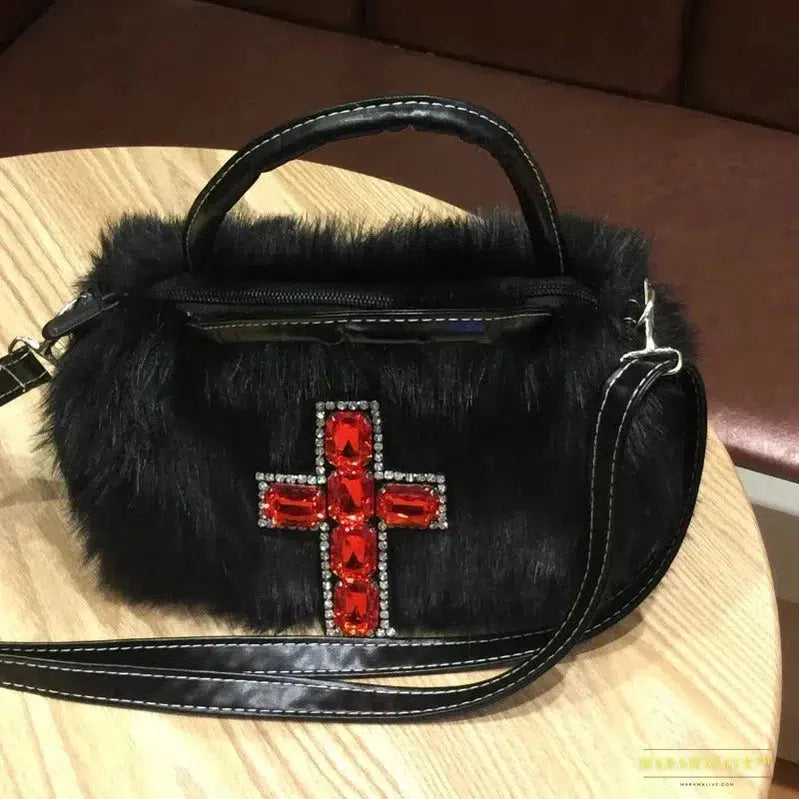 Maramalive™ Y2k Gothic Handbag: Soft Plush Black Cross Shoulder Bag in Harajuku Style - Punk Hip Hop Biker Crossbody Bag