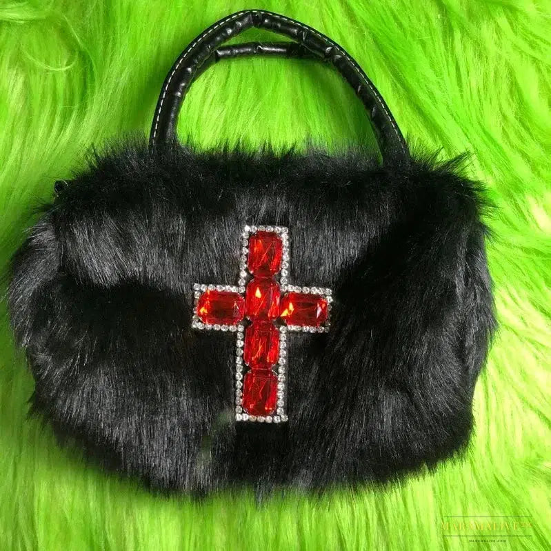 Maramalive™ Y2k Gothic Handbag: Soft Plush Black Cross Shoulder Bag in Harajuku Style - Punk Hip Hop Biker Crossbody Bag