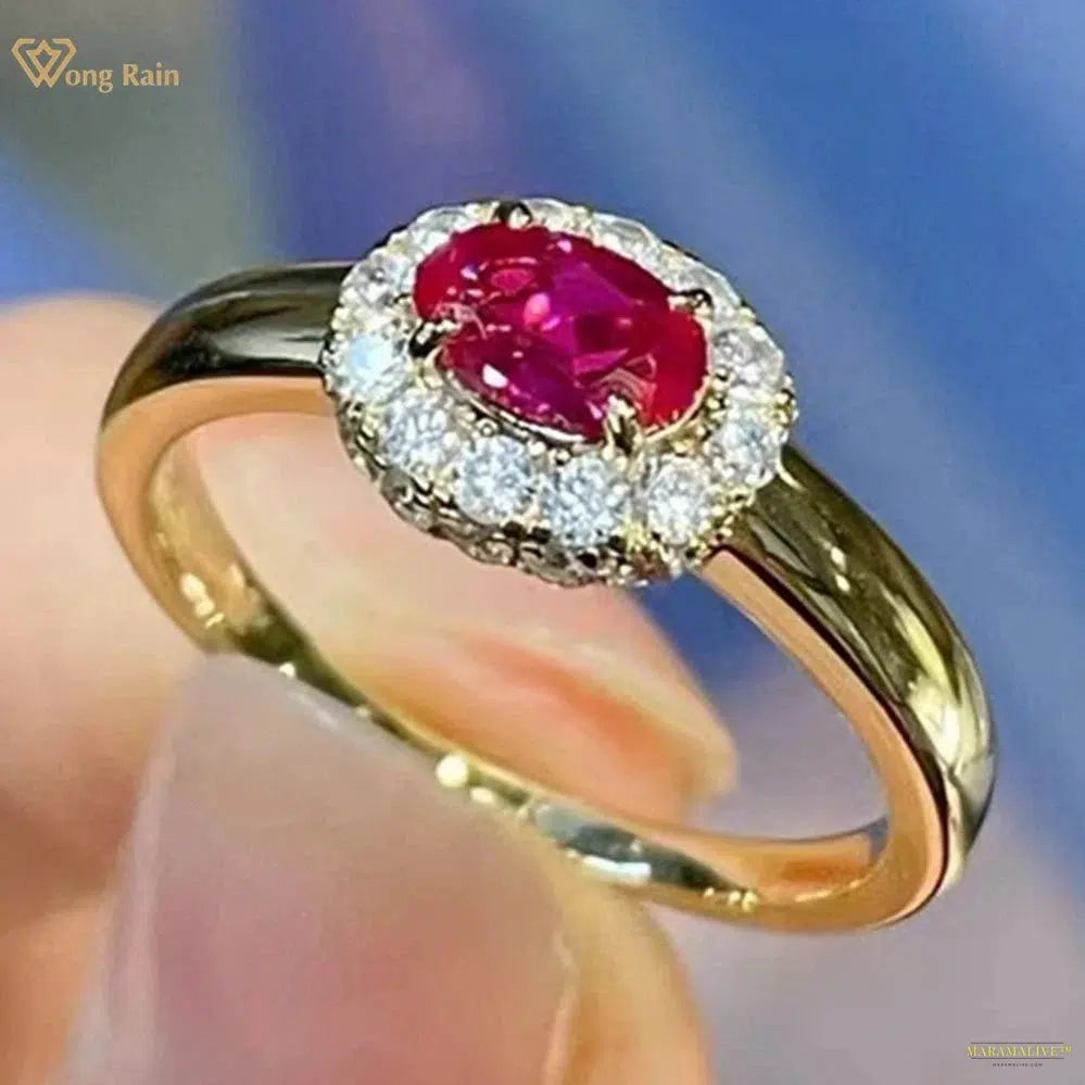 Maramalive™18K Gold Plated 925 Sterling Silver Oval Ruby High Carbon Diamond Gemstone Ring For Women Jewelry Anniversary Gifts