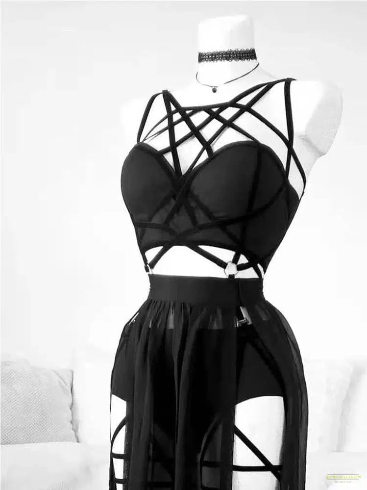 Maramalive™Gothic Nightclub Sexy Skirt Set Women See Through Mesh Backless Crop Tops Emo Alt Punk High Waist Underpants Skirt 3pcs