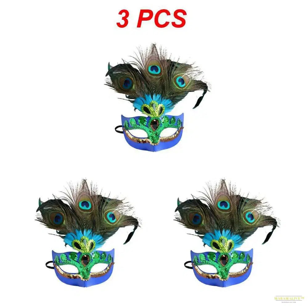 Masquerade Mask Women Peacock Feather Mask Mardi Gras Mask Fashion Blue Green Metal Shiny Rhinestone Christmas Party