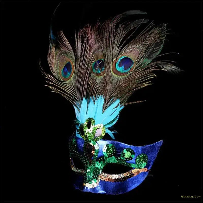 Masquerade Mask Women Peacock Feather Mask Mardi Gras Mask Fashion Blue Green Metal Shiny Rhinestone Christmas Party