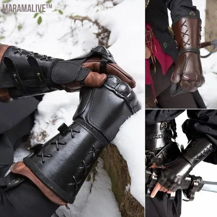 Medieval Armor Motorcycle Gloves Wide Cuffs Bracers Men Steampunk Warrior Gauntlet Renaissance Knights Templar Leather Lace-up