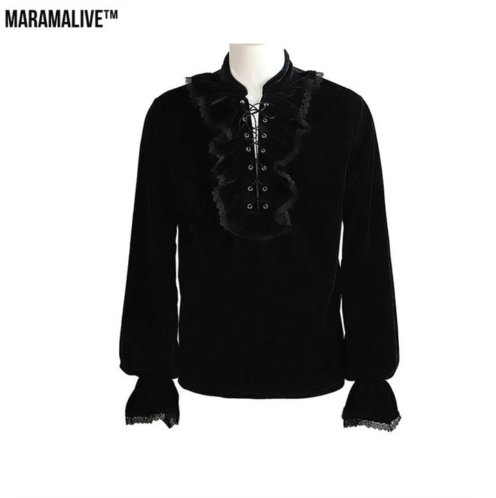 Medieval Gothic Style Loose Dress Velvet Material Vintage Long Sleeve Shirt Men