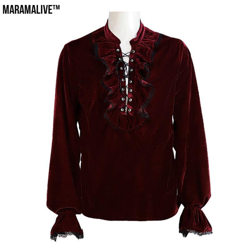 Medieval Gothic Style Loose Dress Velvet Material Vintage Long Sleeve Shirt Men