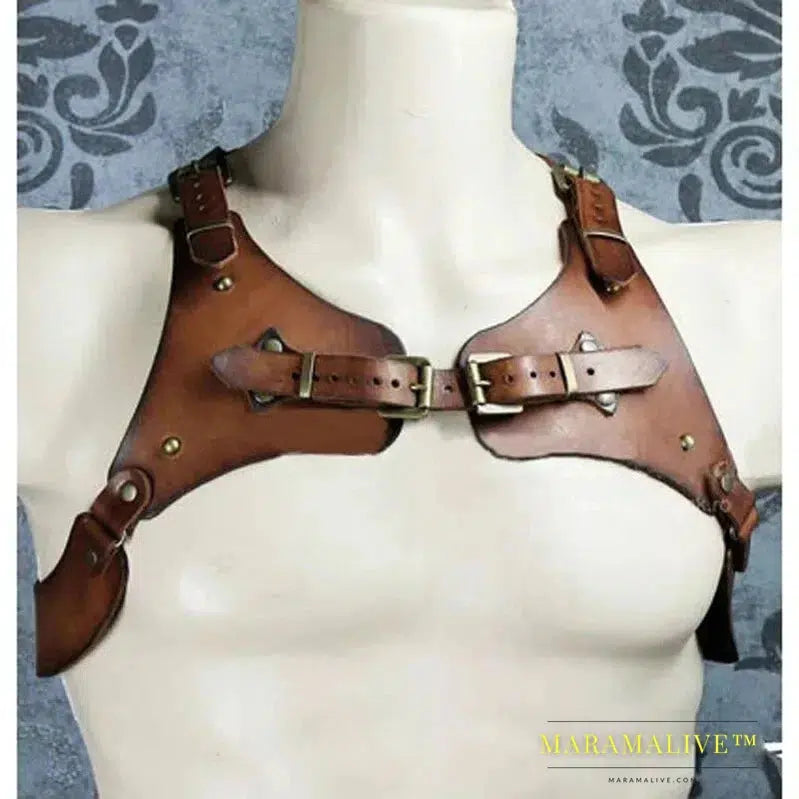 Medieval Steampunk Viking PU Leather Suspender Shoulder Chest Harness Armor for Men Women Cosplay Outfit Breastplate Accessory