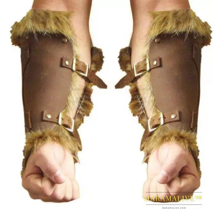 Medieval Viking Warrior Leather Bracer Steampunk Fur Accents LARP Costume for Men Women Riveted Arm Armor Halloween Accessory