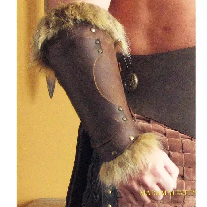 Medieval Viking Warrior Leather Bracer Steampunk Fur Accents LARP Costume for Men Women Riveted Arm Armor Halloween Accessory