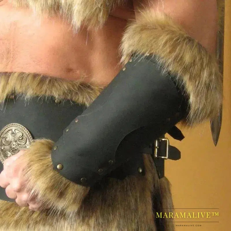 Medieval Viking Warrior Leather Bracer Steampunk Fur Accents LARP Costume for Men Women Riveted Arm Armor Halloween Accessory