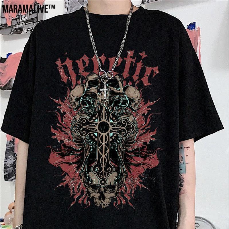 Men And Women Gothic Style Print Round Neck Loose T-shirt Short Sleeve