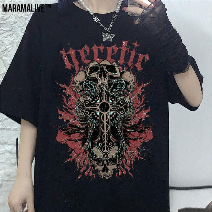 Men And Women Gothic Style Print Round Neck Loose T-shirt Short Sleeve