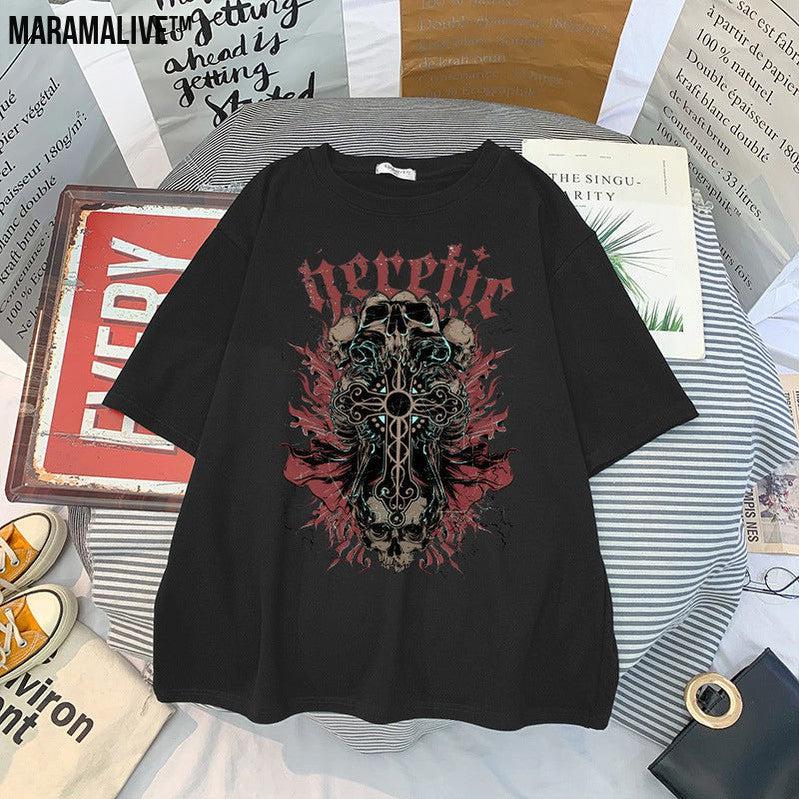 Men And Women Gothic Style Print Round Neck Loose T-shirt Short Sleeve