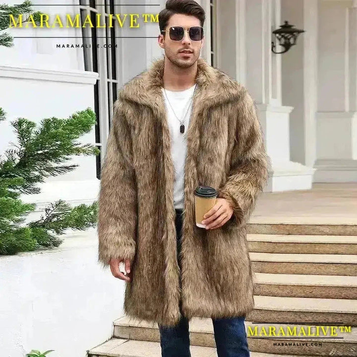 Men Faux Fox Fur Jacket Coat Winter Thick Fluffy Long Sleeve Warm Shaggy Outerwear Luxury Fur Long Jacket Bontjas Jackets Mens