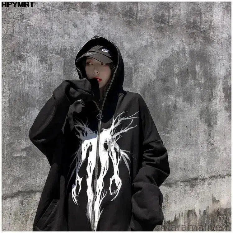 Men Punk Pattern Printed Zipper Ribbon Hooded Sweatshirt Jacket Hip Hop Casual Oversized Hoodies Coat Streetwear Autumn Couples