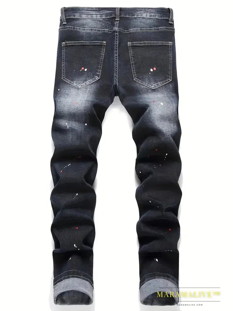 Men Stretchy Ripped Skinny Biker Embroidery Cartoon Print Jeans Destroyed Hole Slim Fit Denim High Quality Hip Hop Black Jeans