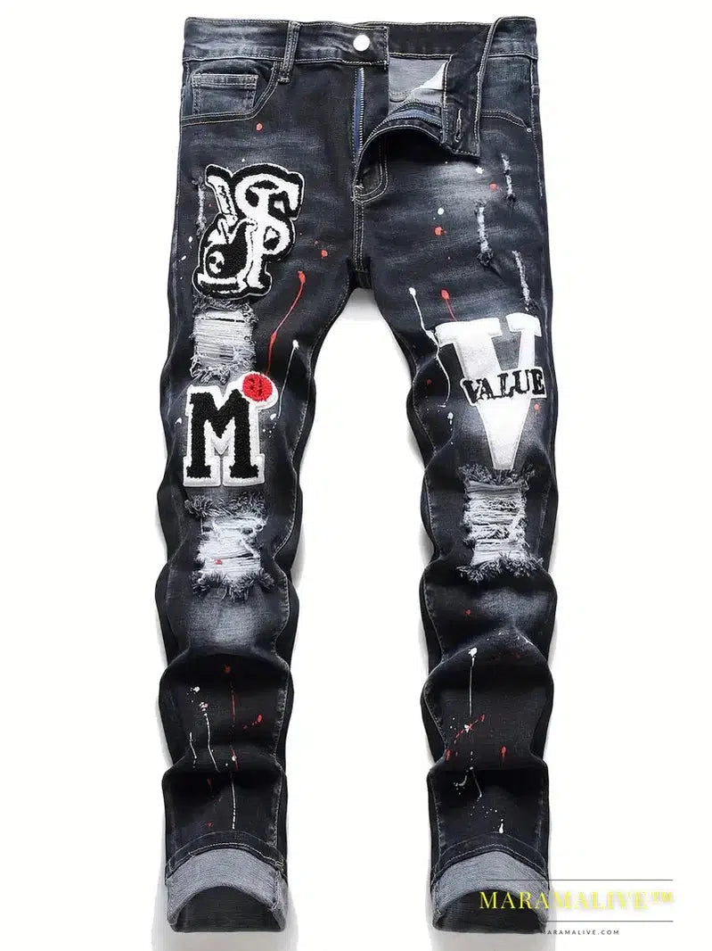 Men Stretchy Ripped Skinny Biker Embroidery Cartoon Print Jeans Destroyed Hole Slim Fit Denim High Quality Hip Hop Black Jeans