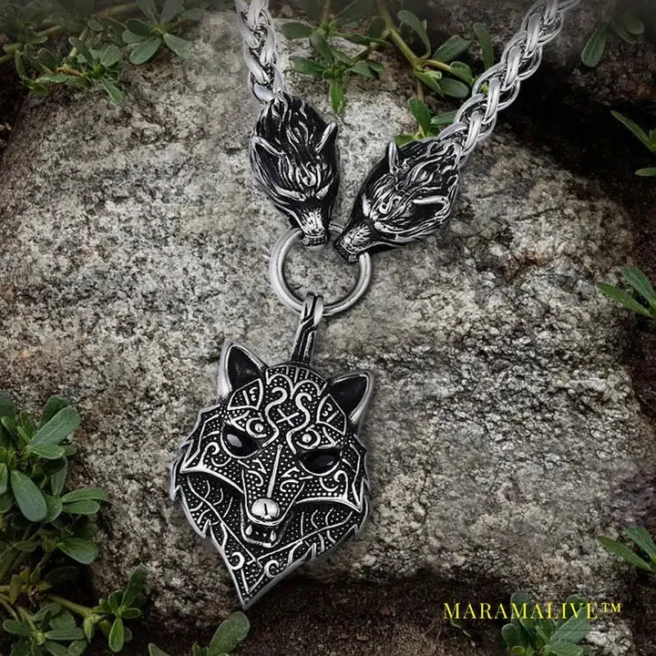 Men stainless steel necklace viking wolf head with Odin pendant norse talisman ethnic jewelry