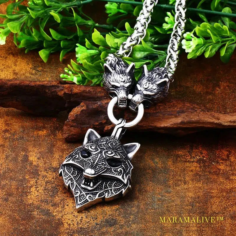 Men stainless steel necklace viking wolf head with Odin pendant norse talisman ethnic jewelry