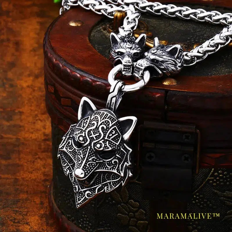 Men stainless steel necklace viking wolf head with Odin pendant norse talisman ethnic jewelry