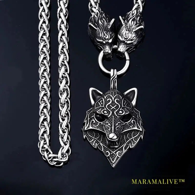 Men stainless steel necklace viking wolf head with Odin pendant norse talisman ethnic jewelry