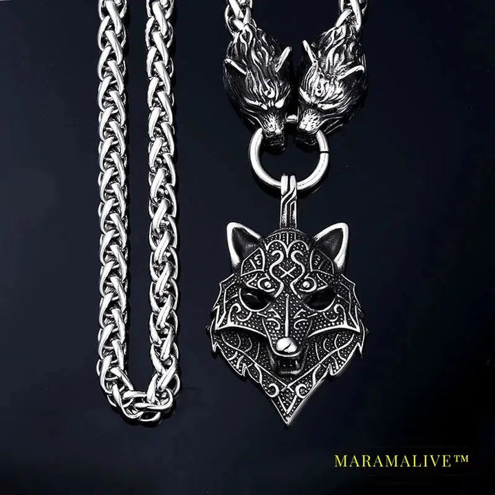 Men stainless steel necklace viking wolf head with Odin pendant norse talisman ethnic jewelry