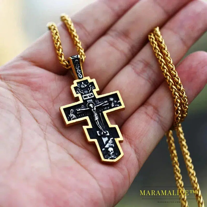 Men's Christian Stainless Steel Christ Jesus Pendant Eastern Orthodox Cross Pendant Chain Necklace Jewelry