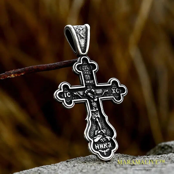 Men's Christian Stainless Steel Christ Jesus Pendant Eastern Orthodox Cross Pendant Chain Necklace Jewelry