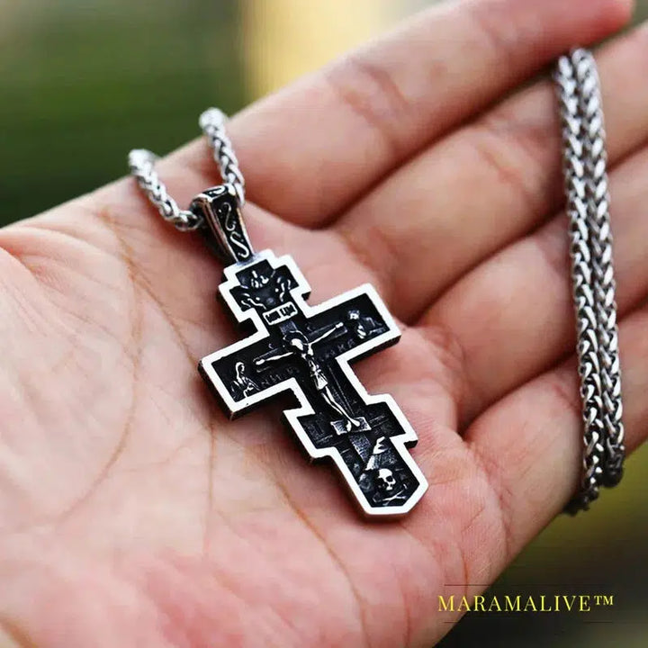 Men's Christian Stainless Steel Christ Jesus Pendant Eastern Orthodox Cross Pendant Chain Necklace Jewelry