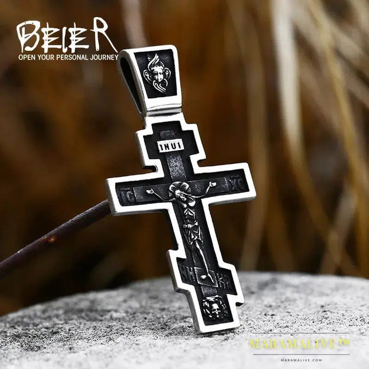 Men's Christian Stainless Steel Christ Jesus Pendant Eastern Orthodox Cross Pendant Chain Necklace Jewelry