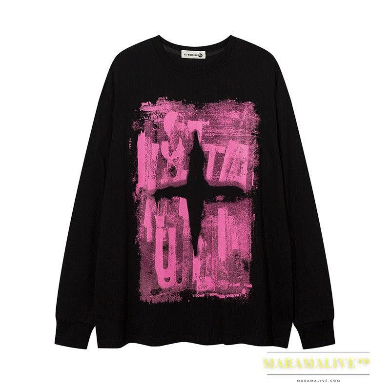 Men's Dark Color Graffiti Printing Long-sleeved T-shirt