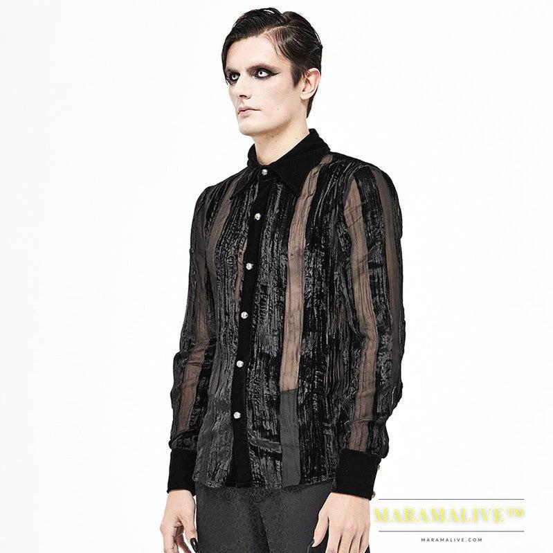 Men's Demon Fashion Gothic Striped Velvet Burnt-out Pleated Shirt