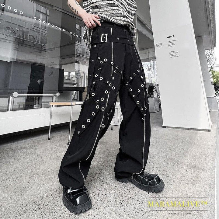 Men's Fashion Casual Irregular Studded Straps Function Work Pants