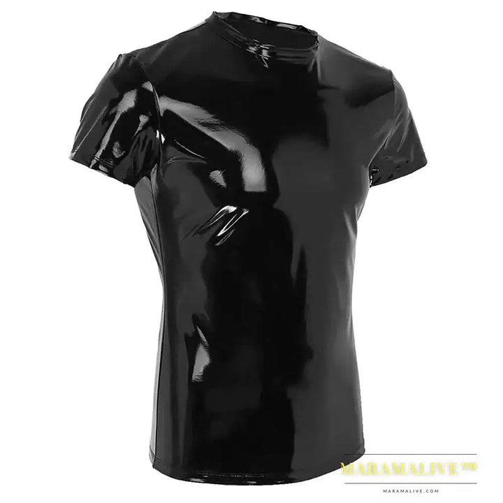 Mens Faux Leather PVC Clubwear Short Sleeve Wet Look Shiny T-Shirt Top Costume Sexy Nightclub Shirts Bodycon Jacket Tops