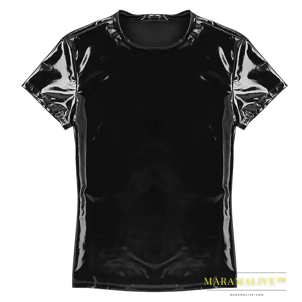 Mens Faux Leather PVC Clubwear Short Sleeve Wet Look Shiny T-Shirt Top Costume Sexy Nightclub Shirts Bodycon Jacket Tops