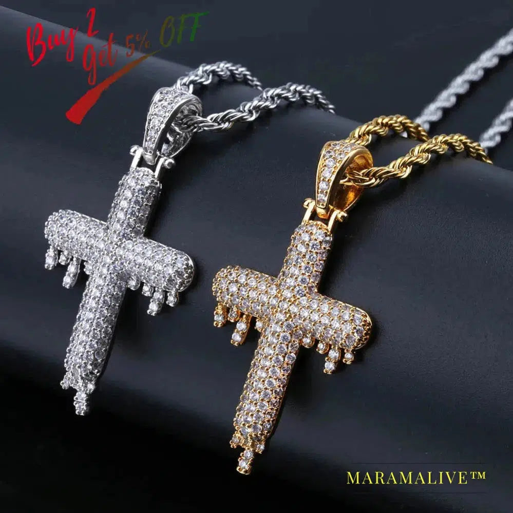 Men's Hip Hop Religious Drop Cross Pendant Gold Silver Color Cubic Zircon Jewelry Necklaces Gifts Rope Chain