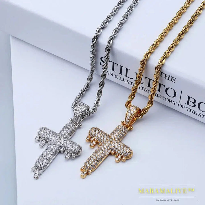 Men's Hip Hop Religious Drop Cross Pendant Gold Silver Color Cubic Zircon Jewelry Necklaces Gifts Rope Chain