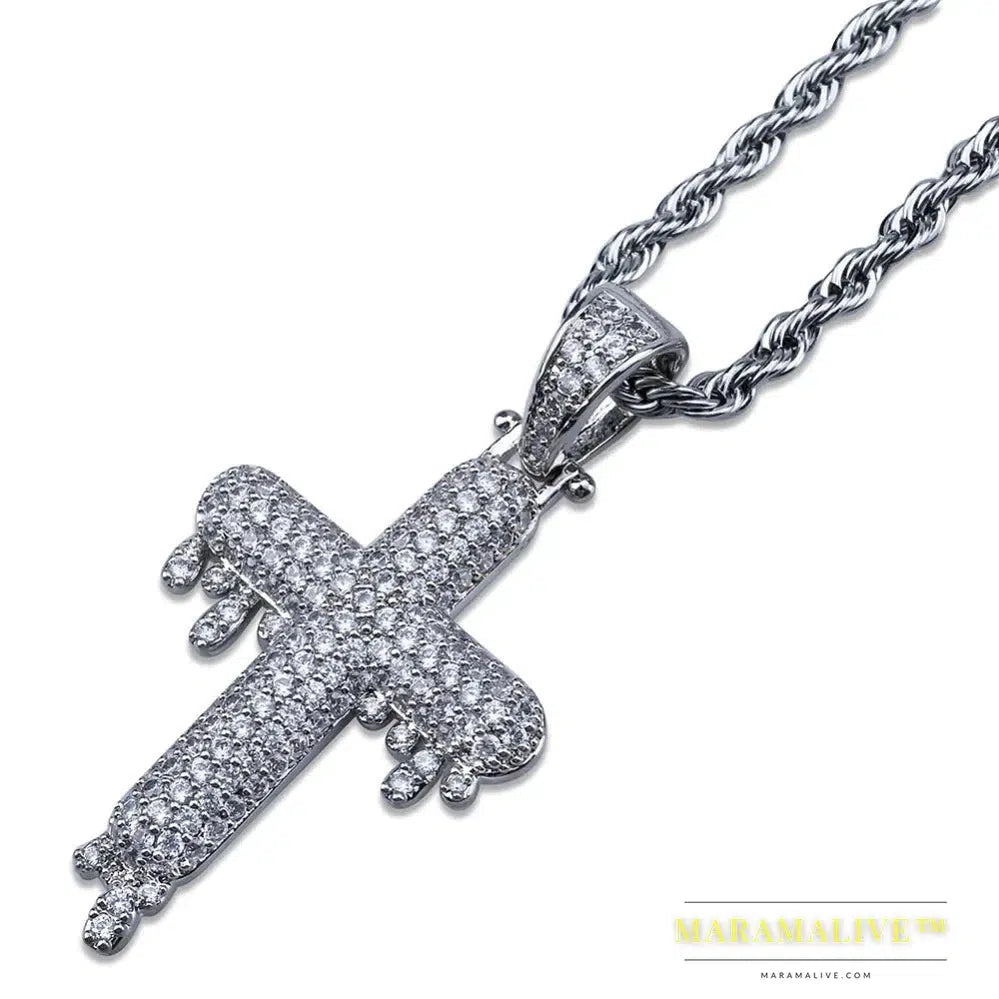 Men's Hip Hop Religious Drop Cross Pendant Gold Silver Color Cubic Zircon Jewelry Necklaces Gifts Rope Chain