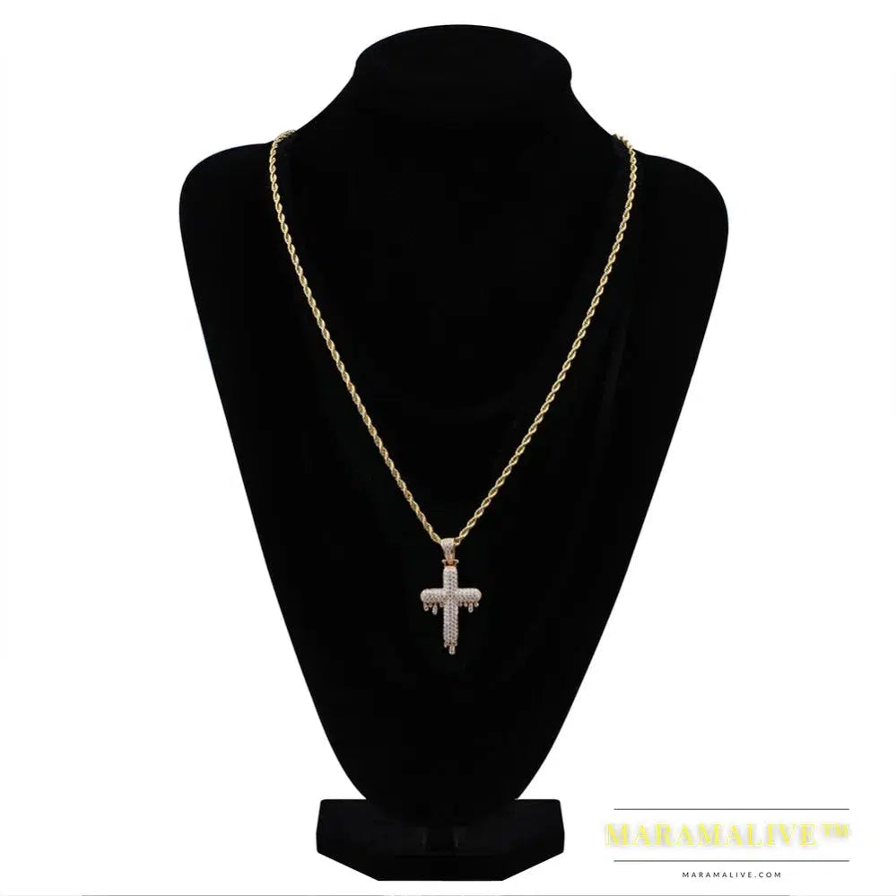 Men's Hip Hop Religious Drop Cross Pendant Gold Silver Color Cubic Zircon Jewelry Necklaces Gifts Rope Chain