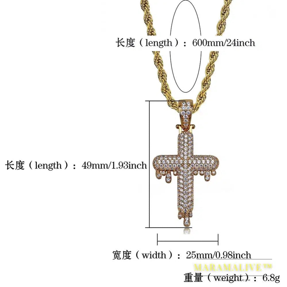 Men's Hip Hop Religious Drop Cross Pendant Gold Silver Color Cubic Zircon Jewelry Necklaces Gifts Rope Chain